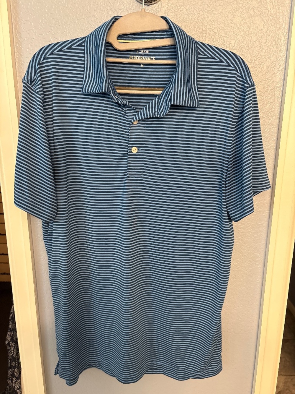 JCrew Men’s performance polo, blue and navy striped, size medium